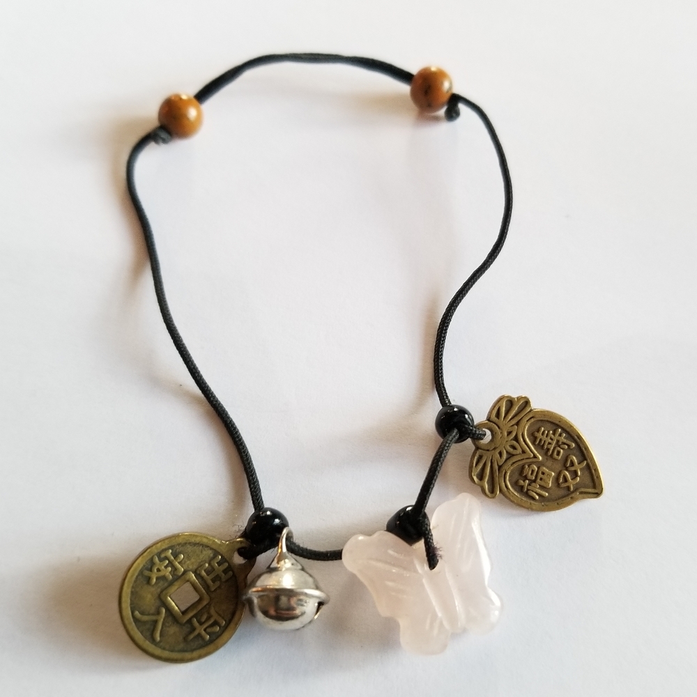 Bracelet Rose Quartz butterfly dainty black string Chinese coins gold tone